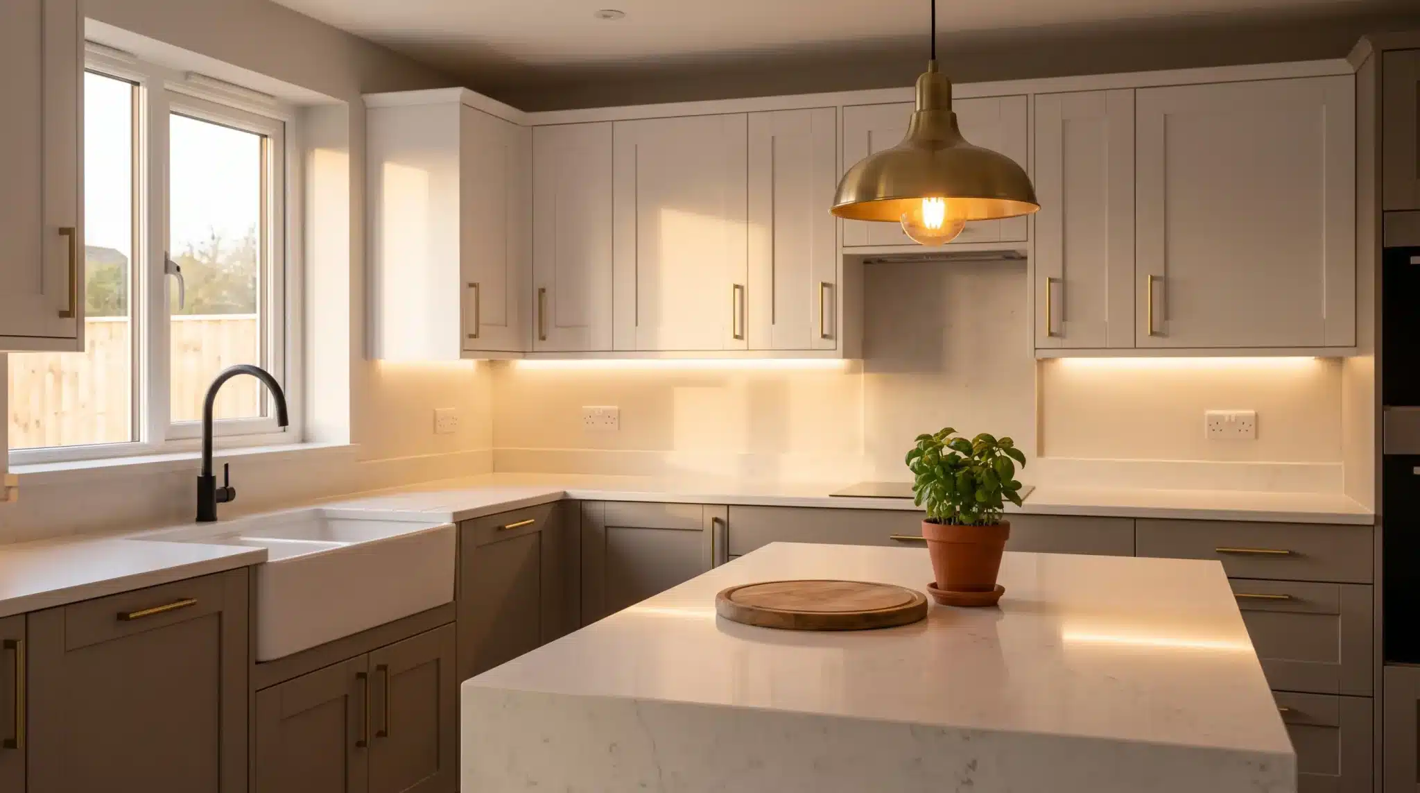 Modern kitchen with white cabinets, brass handles, pendant light, and potted basil on marble island