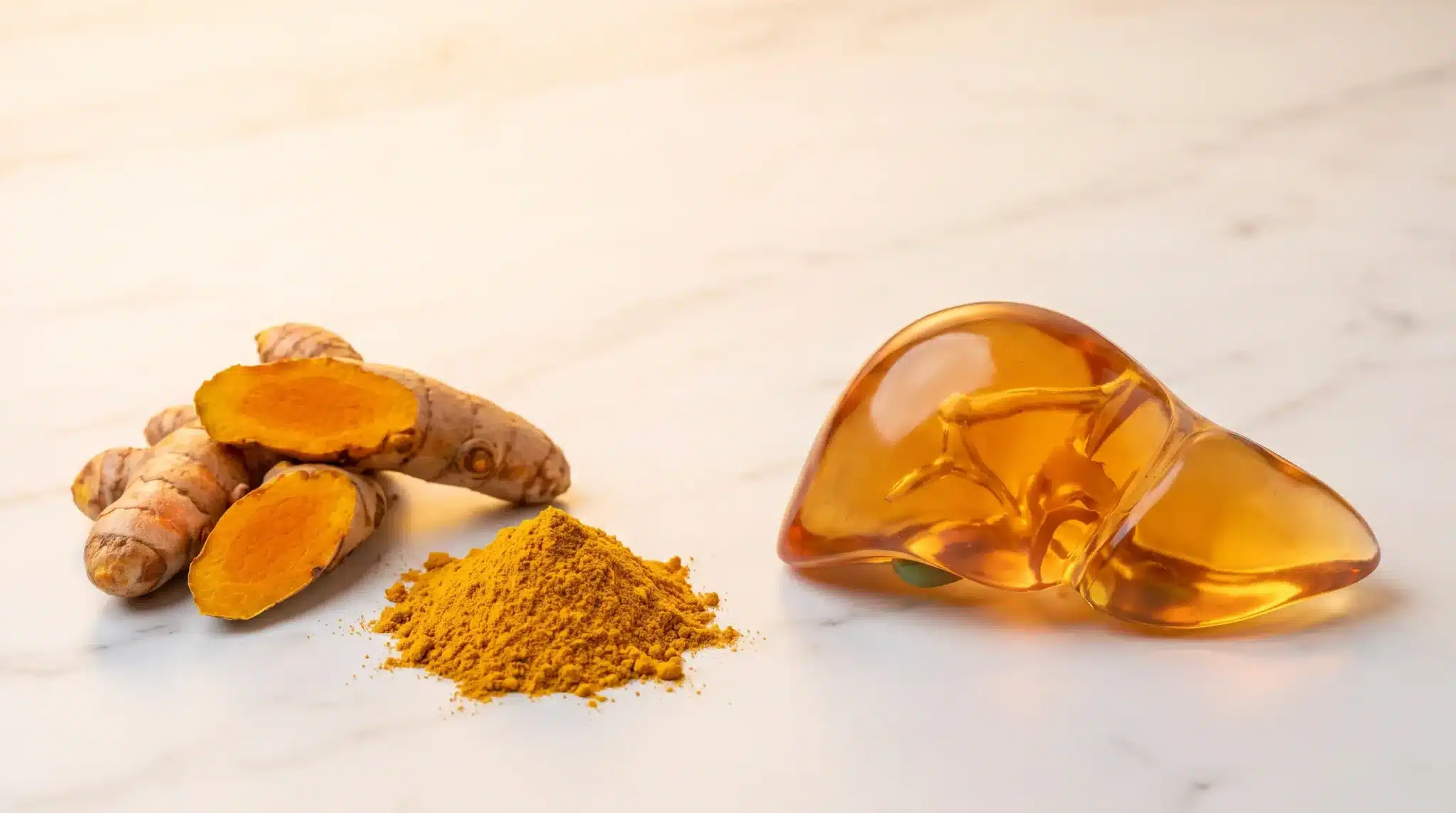 Turmeric root and powder with amber-colored anatomical liver model on a marble surface