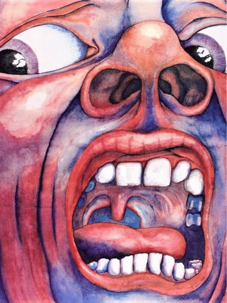 King Crimson โ In the Court of the Crimson King album cover featuring a distorted screaming face.