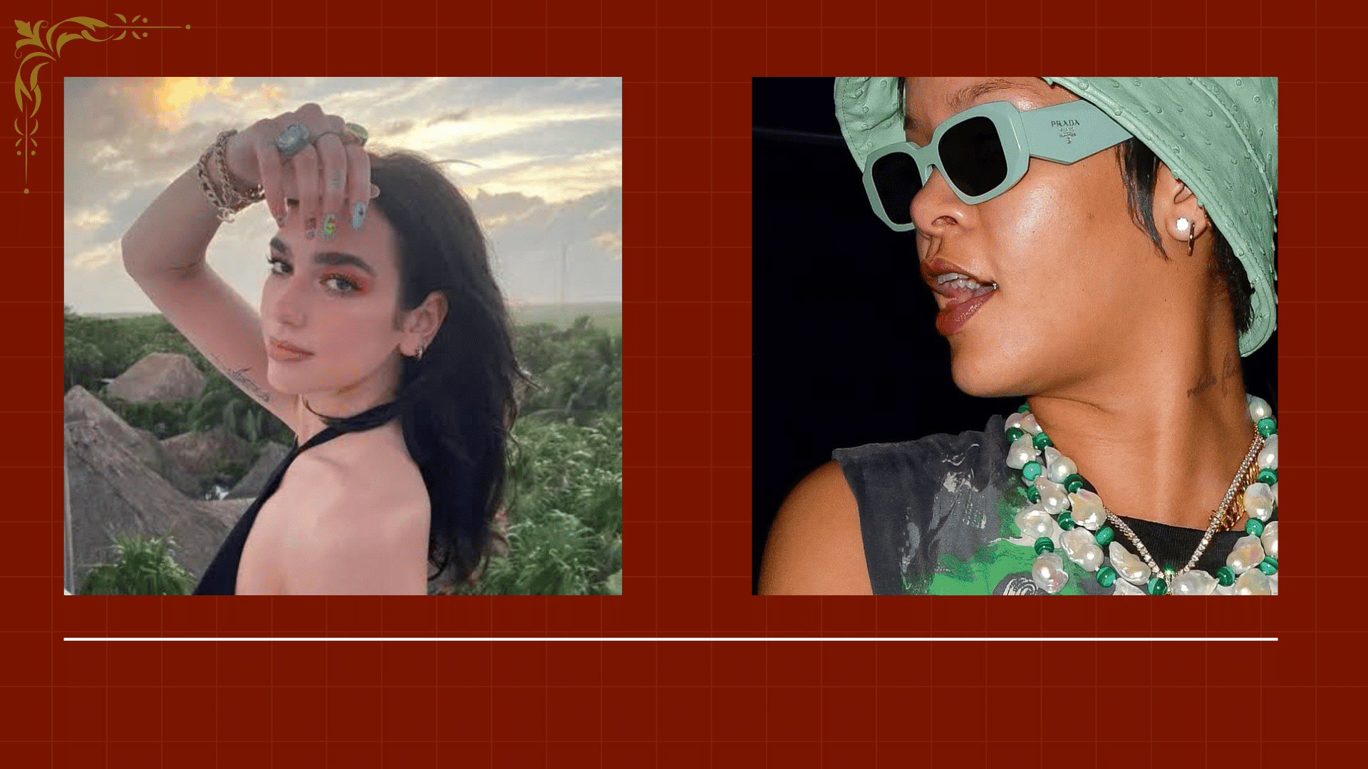 Dua Lipa and Rihanna showing celebrity-inspired indie accessory styles with statement sunglasses, jewelry, and bold personal styling.