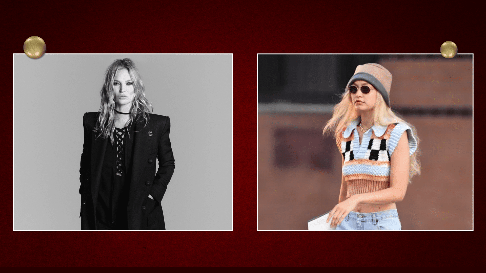 Indie fashion styles featuring dark minimalist clothing of Kate Moss and colorful casual outfits of Gigi Hadid