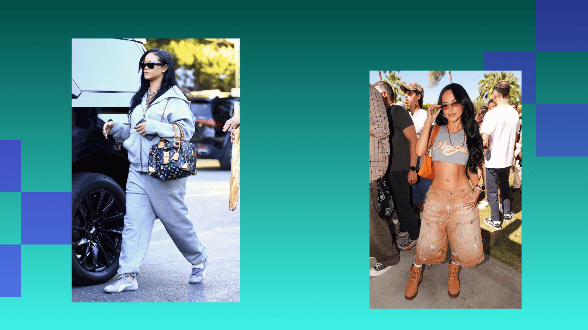 Indie fashion outfits featuring casual sneakers and statement footwear styles of Rihanna’s and Becky G