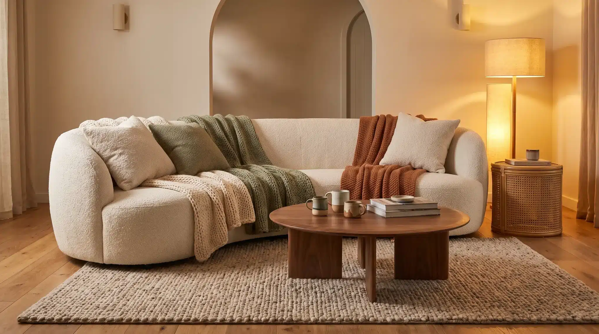 Beige sectional sofa with cozy blankets and pillows in a warmly lit living room