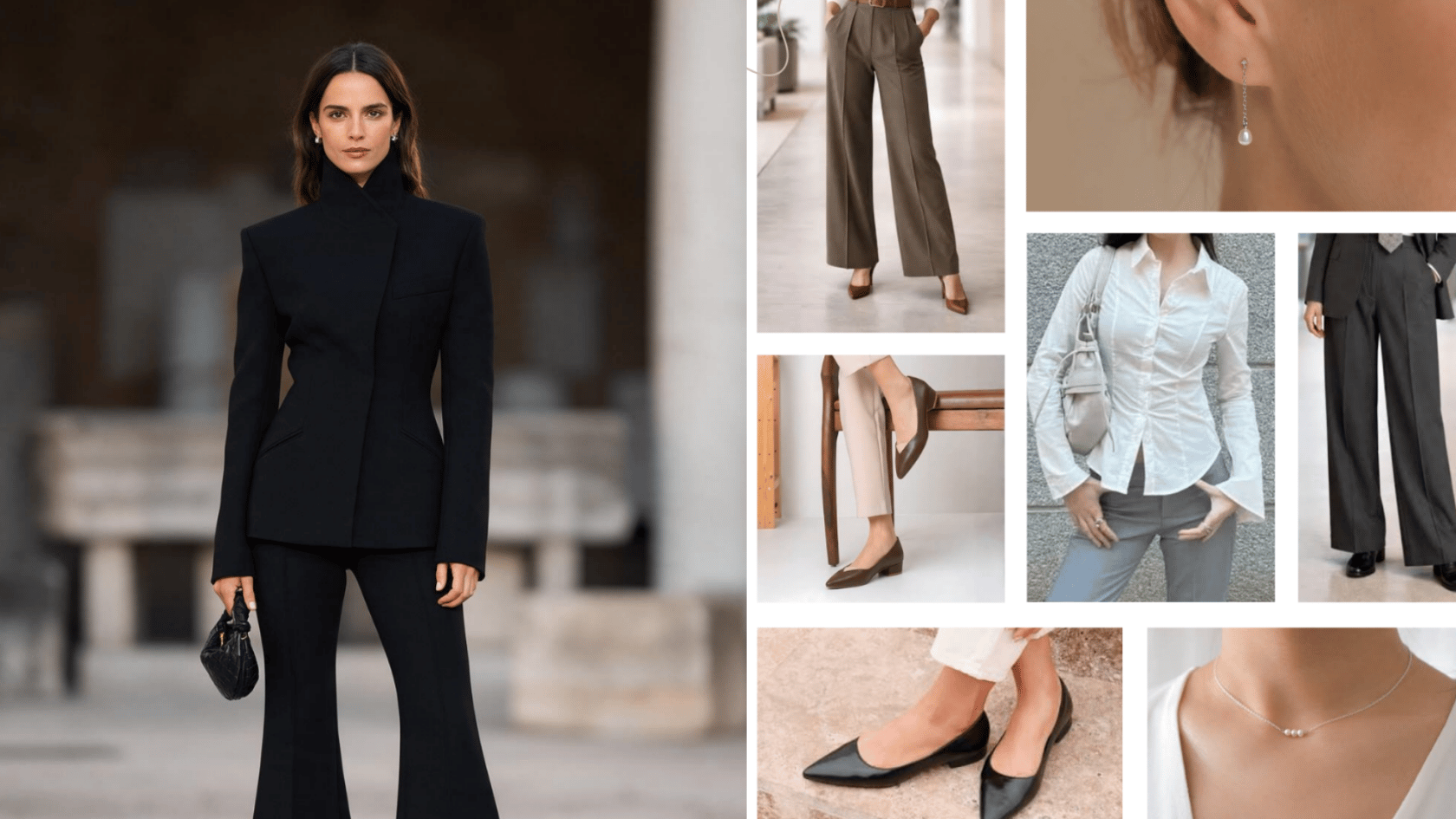 Interview-ready outfit with a tailored black suit, wide-leg trousers, flats, and minimal jewelry