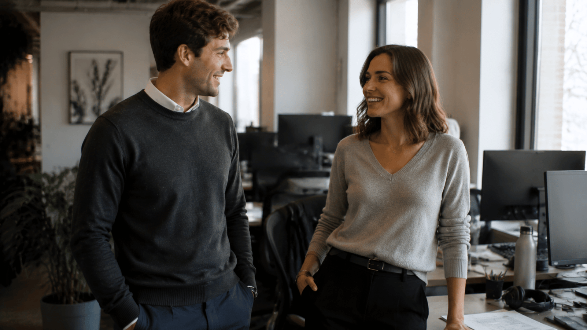 Man and woman wearing sweaters in an office setting with business casual outfits.