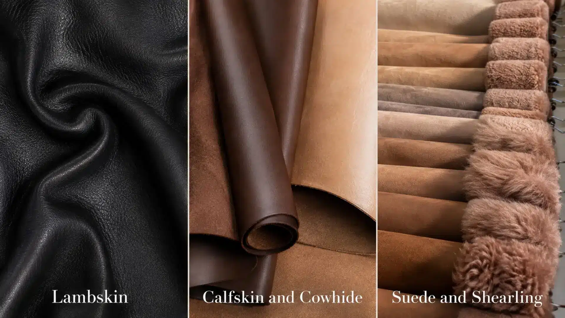 Various textured leather and suede materials including lambskin, calfskin, cowhide, and shearling displayed in rows