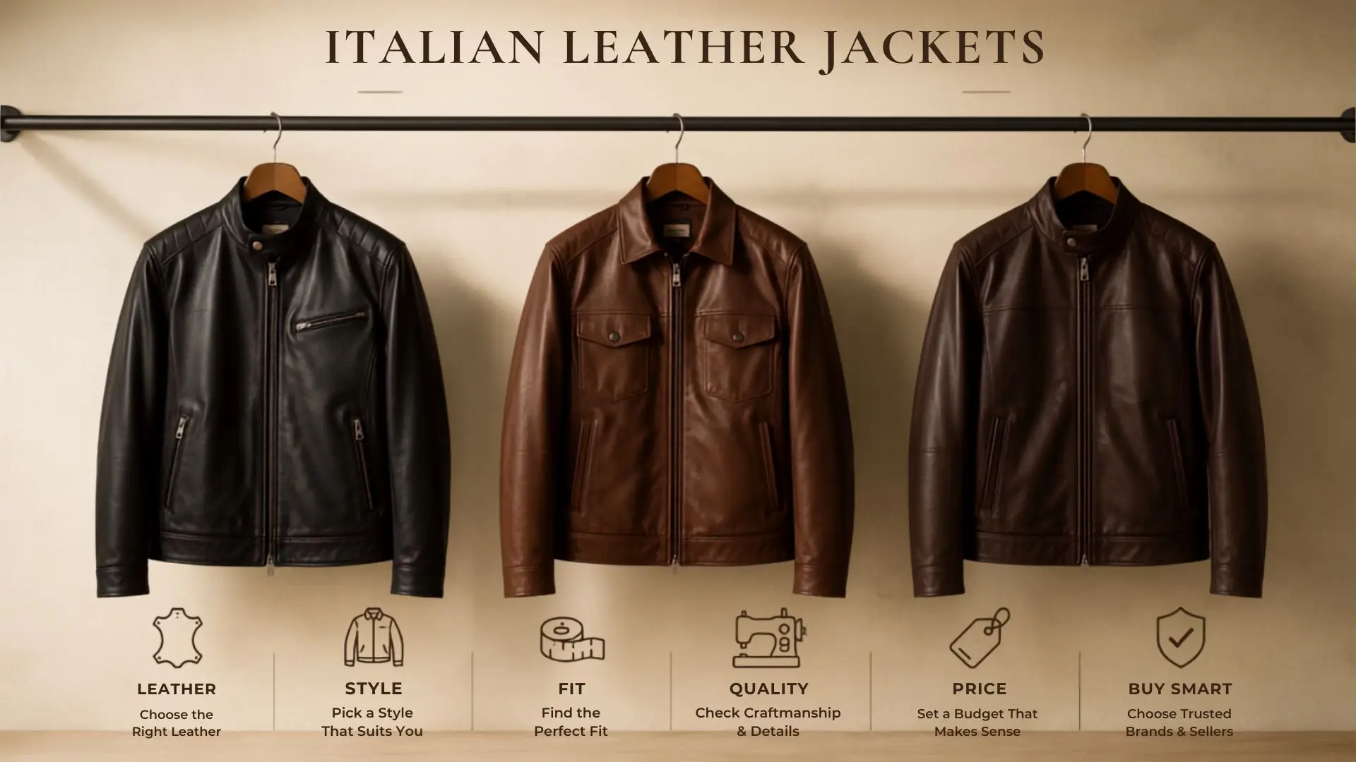 Black and brown leather jackets hanging on wooden hangers against neutral background