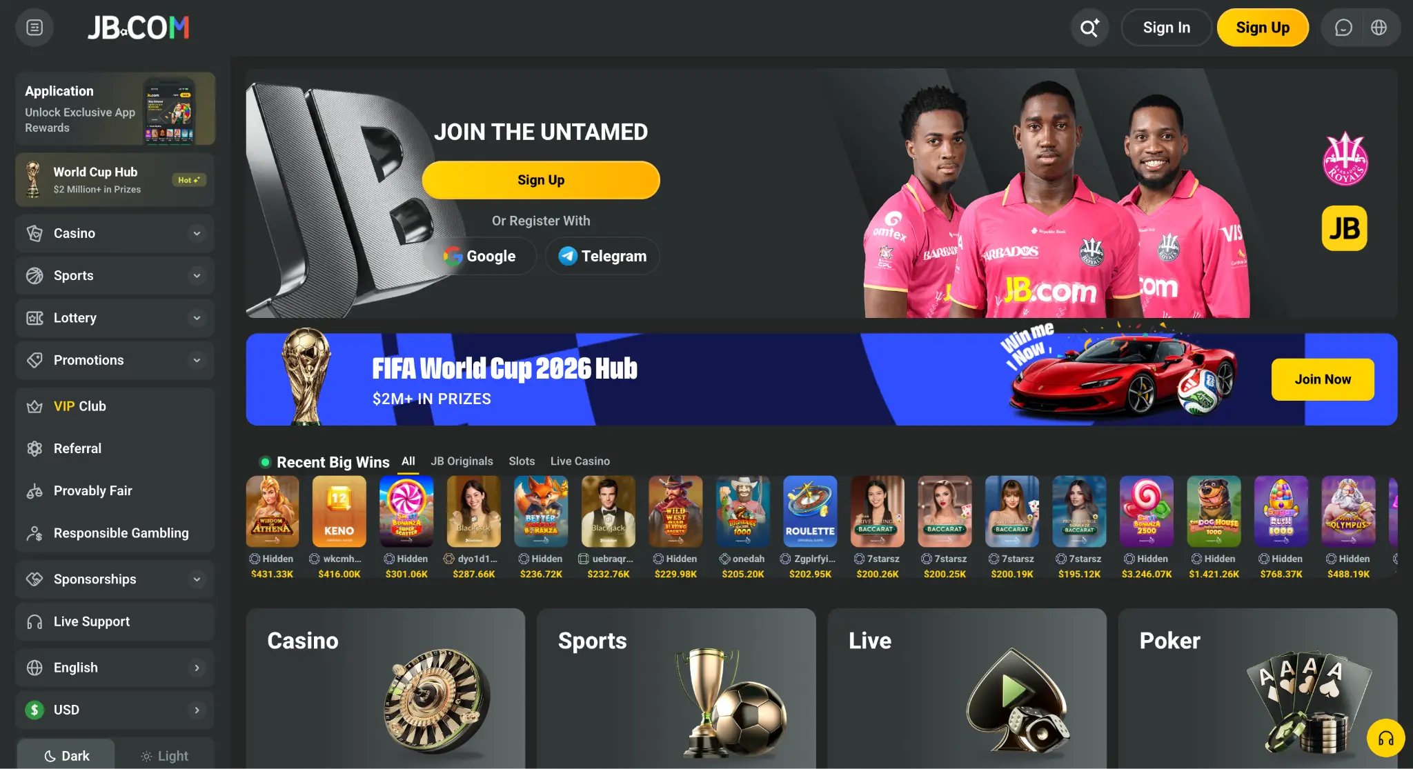 Online gaming website interface with sports, casino, and poker options displayed on dark-themed background