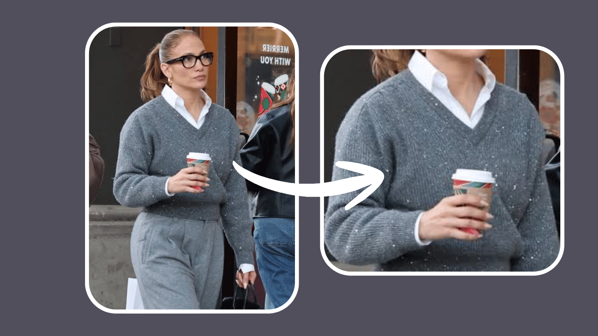 Jennifer Lopezย in a grey V-neck sweater with a white shirt and skirt for professional business casual office style.