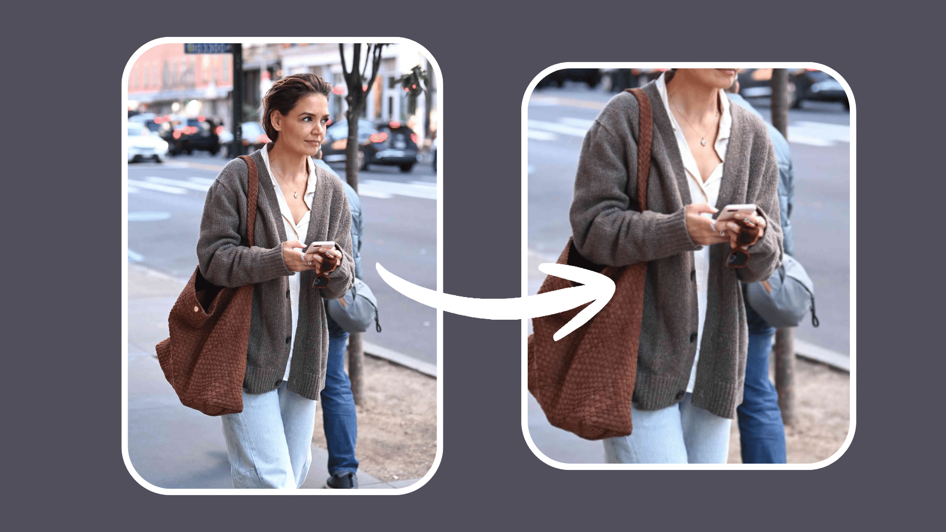 Katje Holmes wearing a cardigan over a button-down shirt for a polished business casual office outfit.