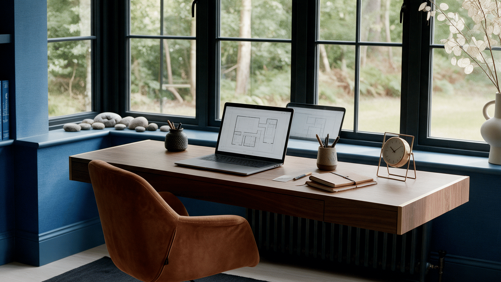 Desk positioned with windows beside it, providing natural light and a balanced office layout.
