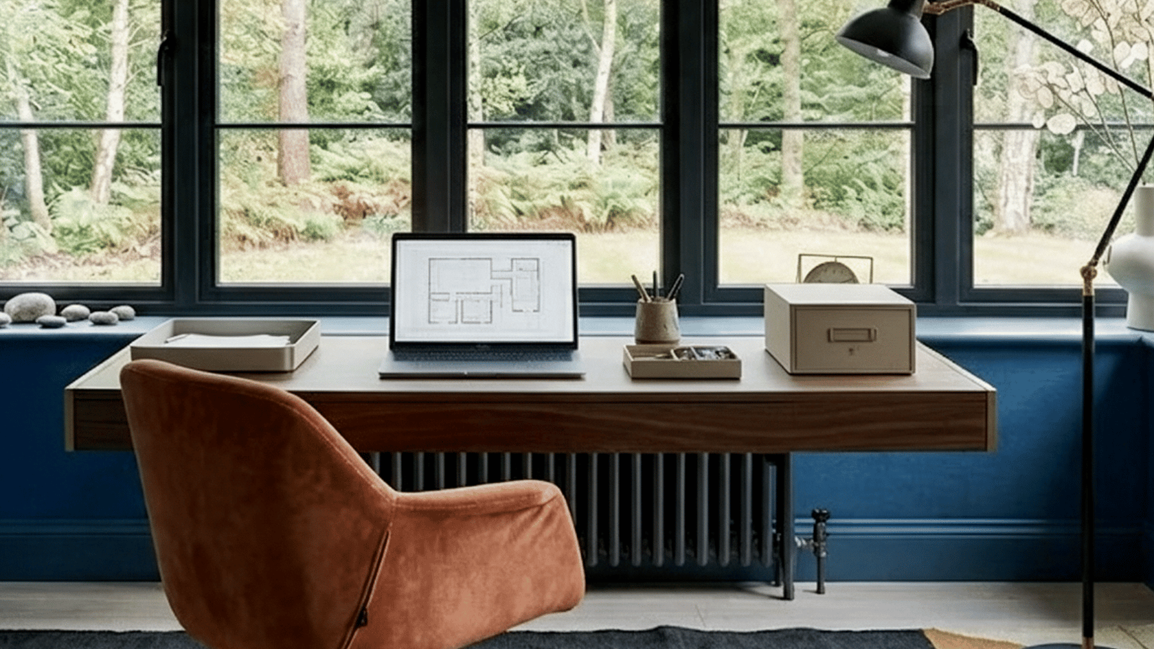 Clutter-free desk surface with organized essentials in a calm home office setup.