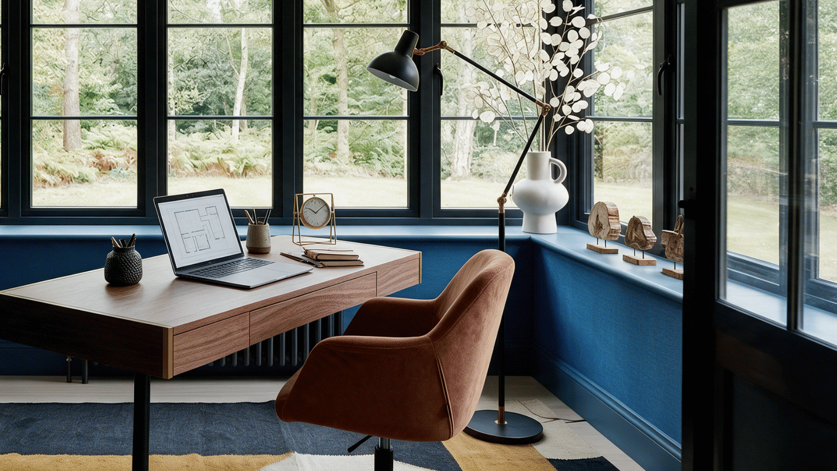 Desk positioned to keep the door visible with a balanced Feng Shui office layout and natural light.