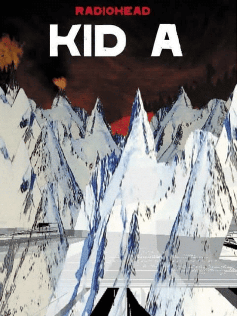 Radiohead โ Kid A album cover featuring icy mountain peaks beneath a dark red sky.