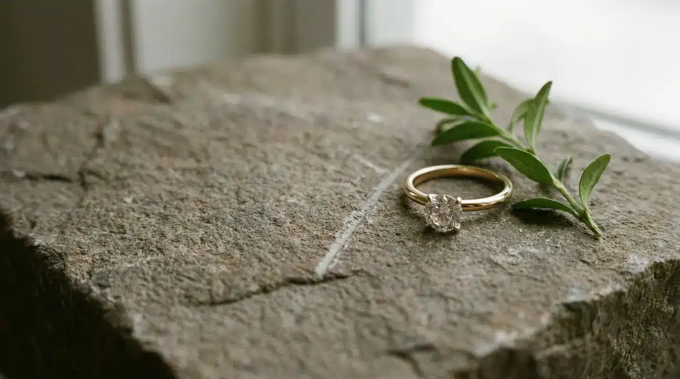 Diamond engagement ring with gold band on textured stone surface next to green foliage