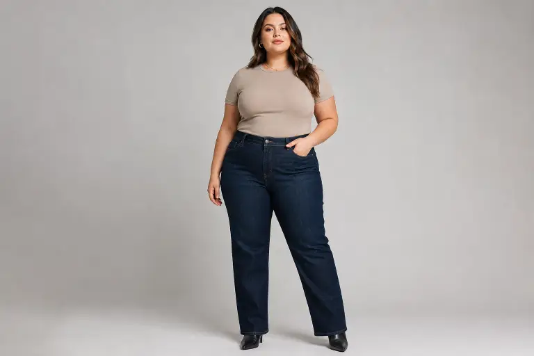 Woman wearing beige t-shirt and dark jeans standing against neutral background