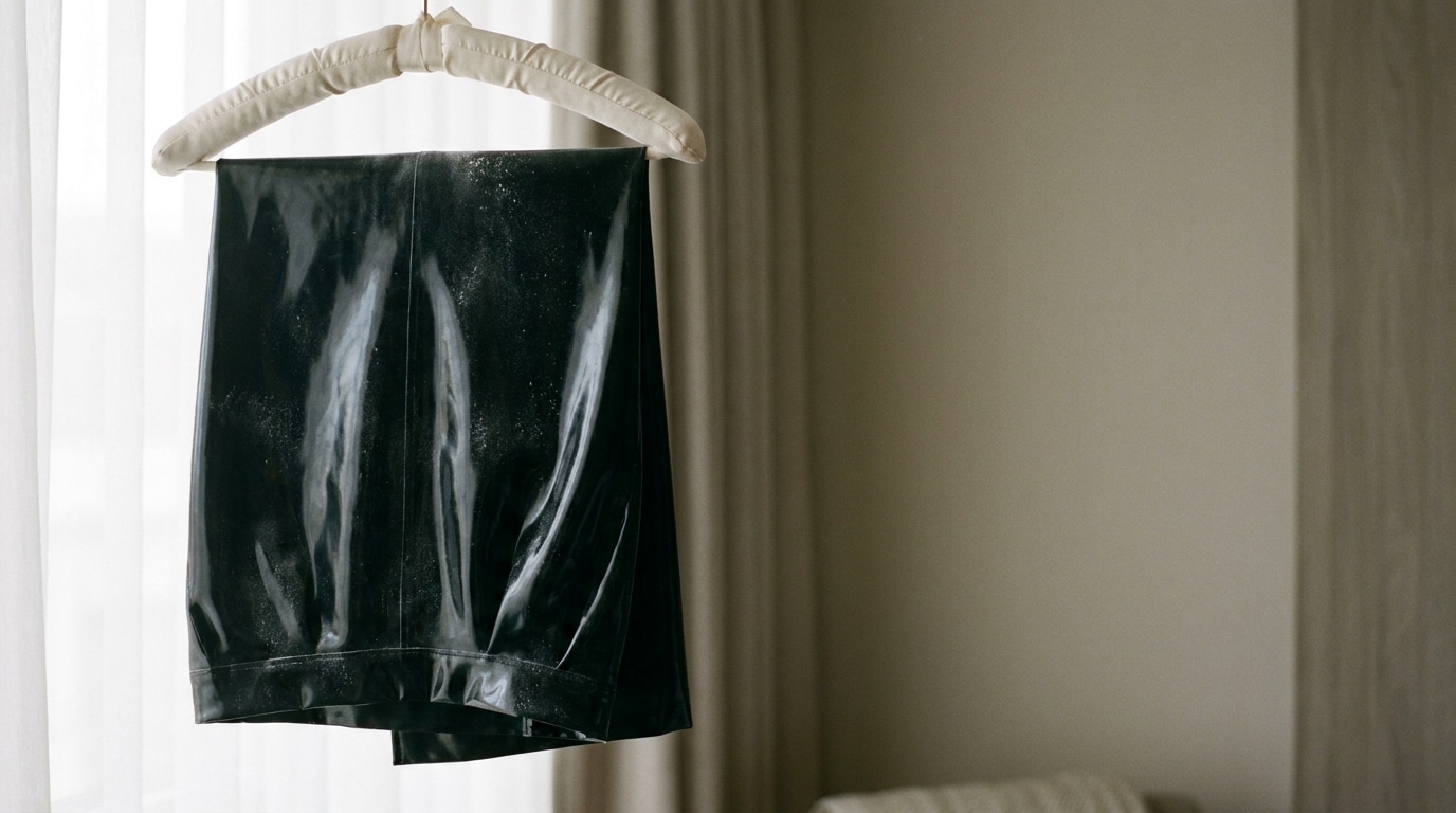 Black patent leather skirt hanging on padded hanger in softly lit room