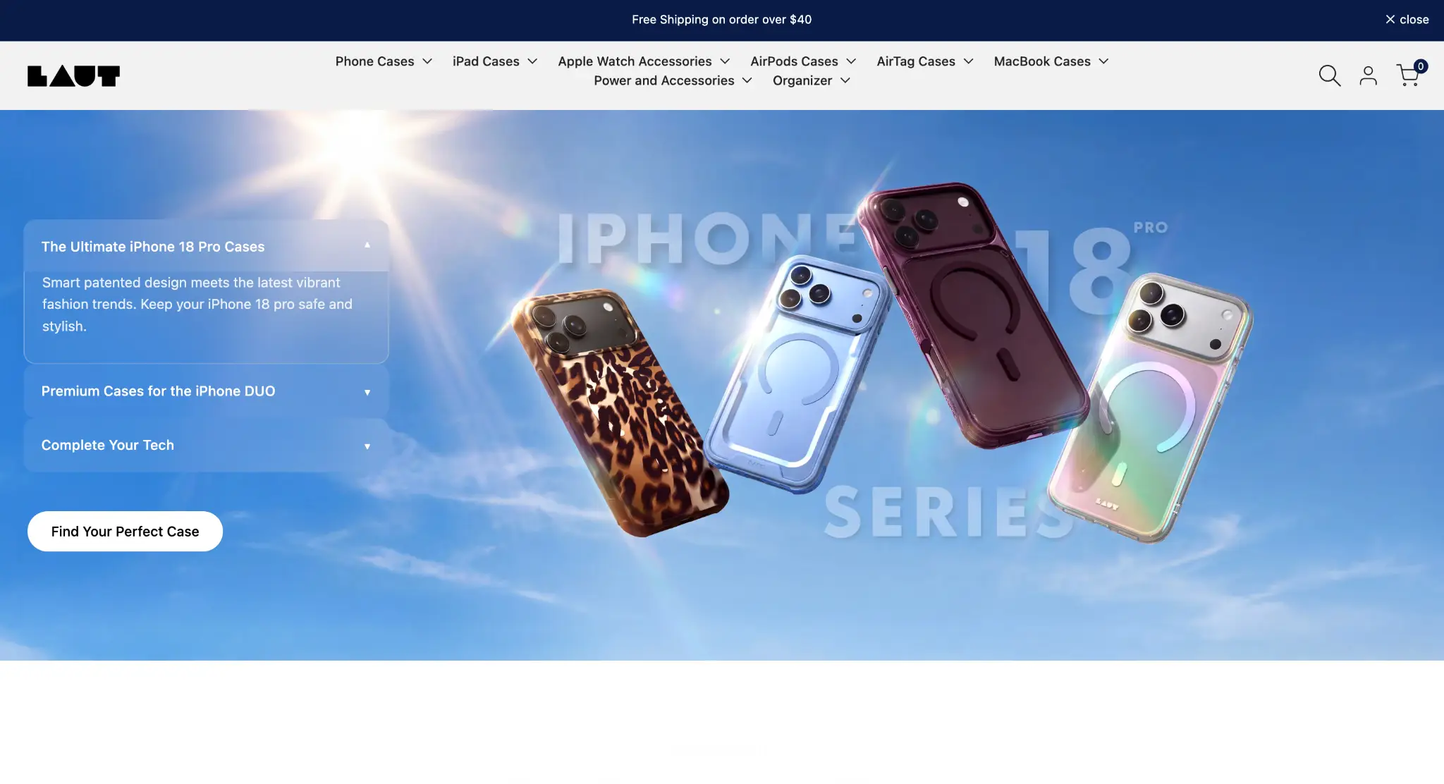 Leopard print, blue, purple, and clear phone cases floating against bright blue sky