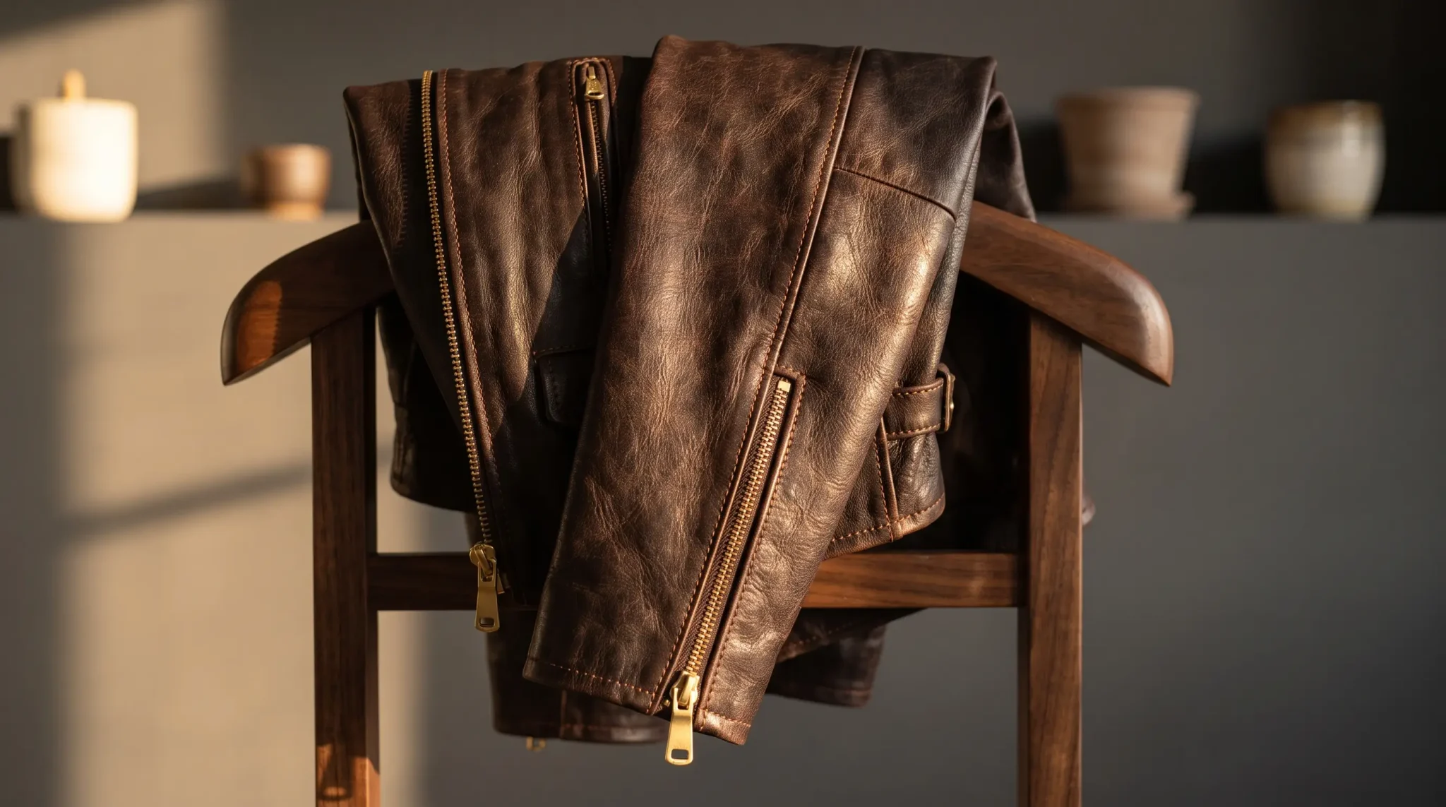 Brown leather jacket draped over wooden chair under warm natural light