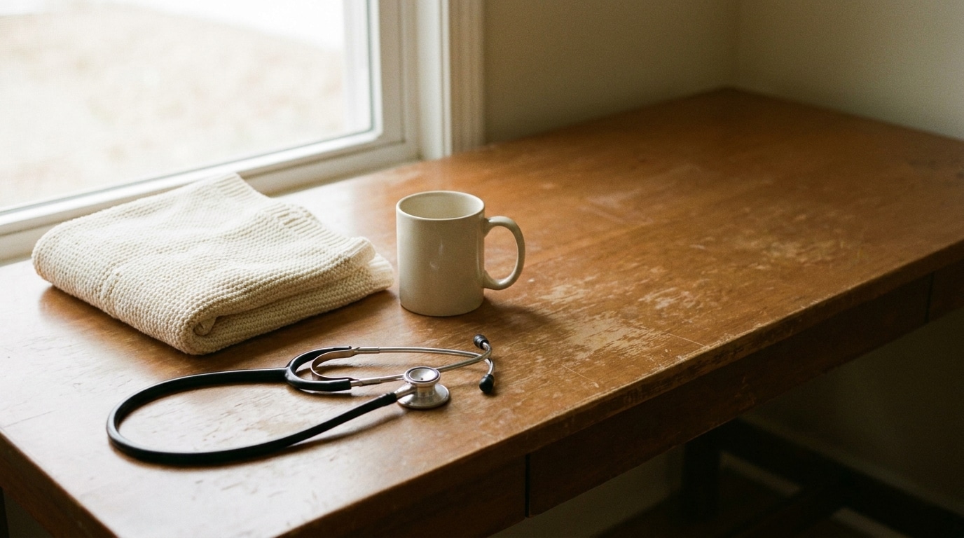 Stethoscope, folded cream sweater, and mug on wooden table by window in soft natural light