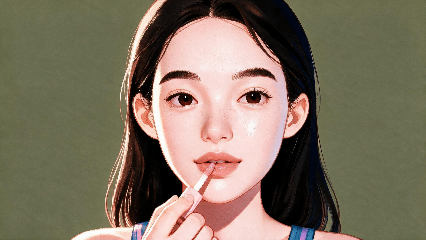 Illustration of a woman applying lip gloss for a natural makeup look and simple beauty routine tutorial
