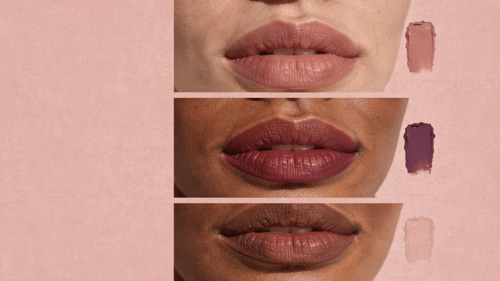 Soft summer makeup lip swatches showing three skin tones with nude, berry, and mauve lipstick finishes on pink background