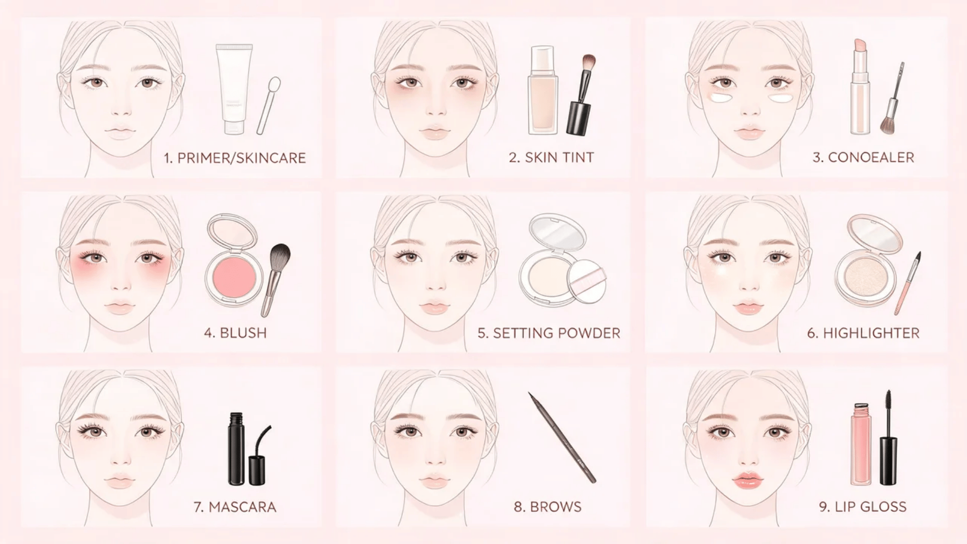 step by step illustrated faces showing how to do makeup from primer and foundation to brows, mascara, blush, and lip gloss.