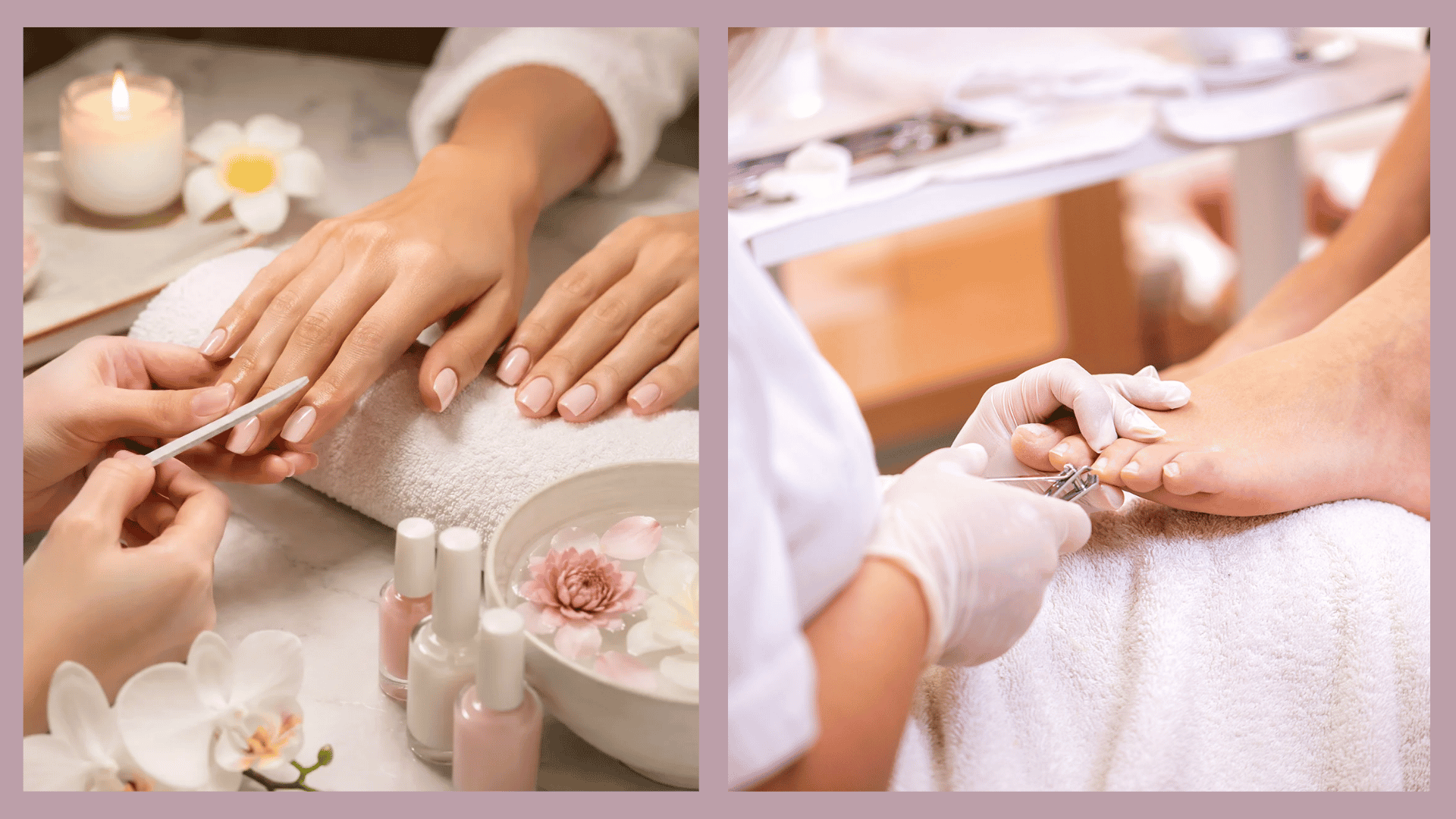 Difference between manicure and pedicure showing nail filing on hands beside toenail care during a salon pedicure