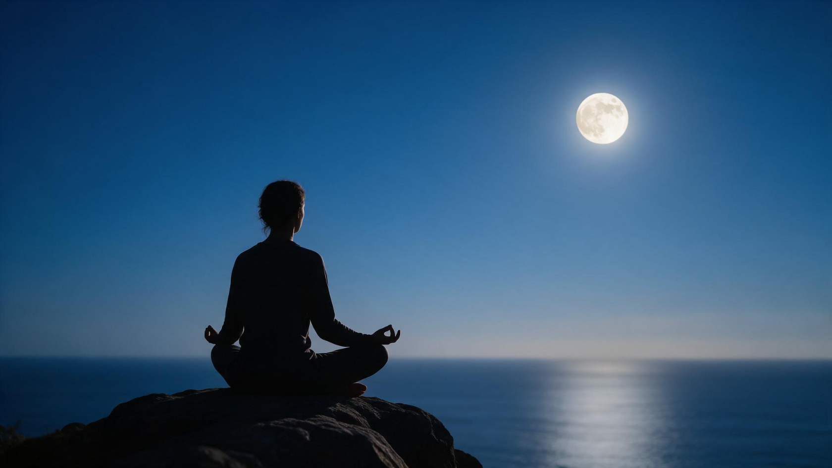Person practicing visualization meditation while sitting in silhouette under a full moon.