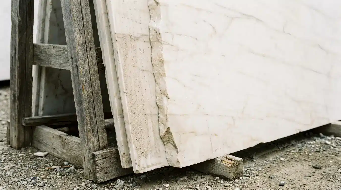 Marble slabs leaning against wooden support on gravel surface outdoors