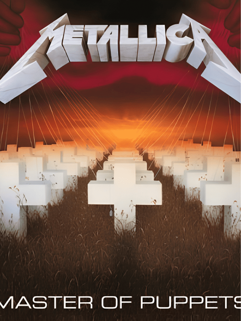 Metallica โ Master of Puppets album cover with white crosses controlled by strings at sunset.