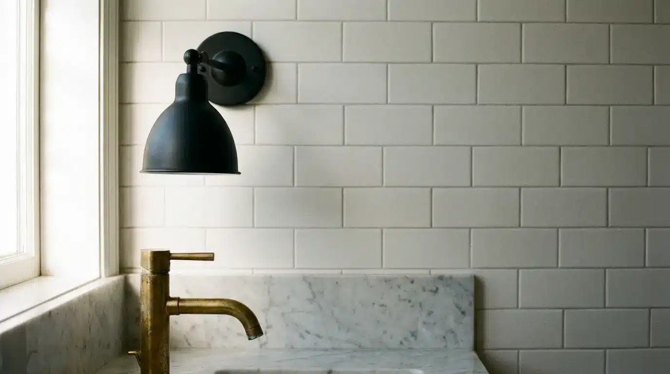 Bronze faucet and black wall sconce against white subway tile in bathroom setting