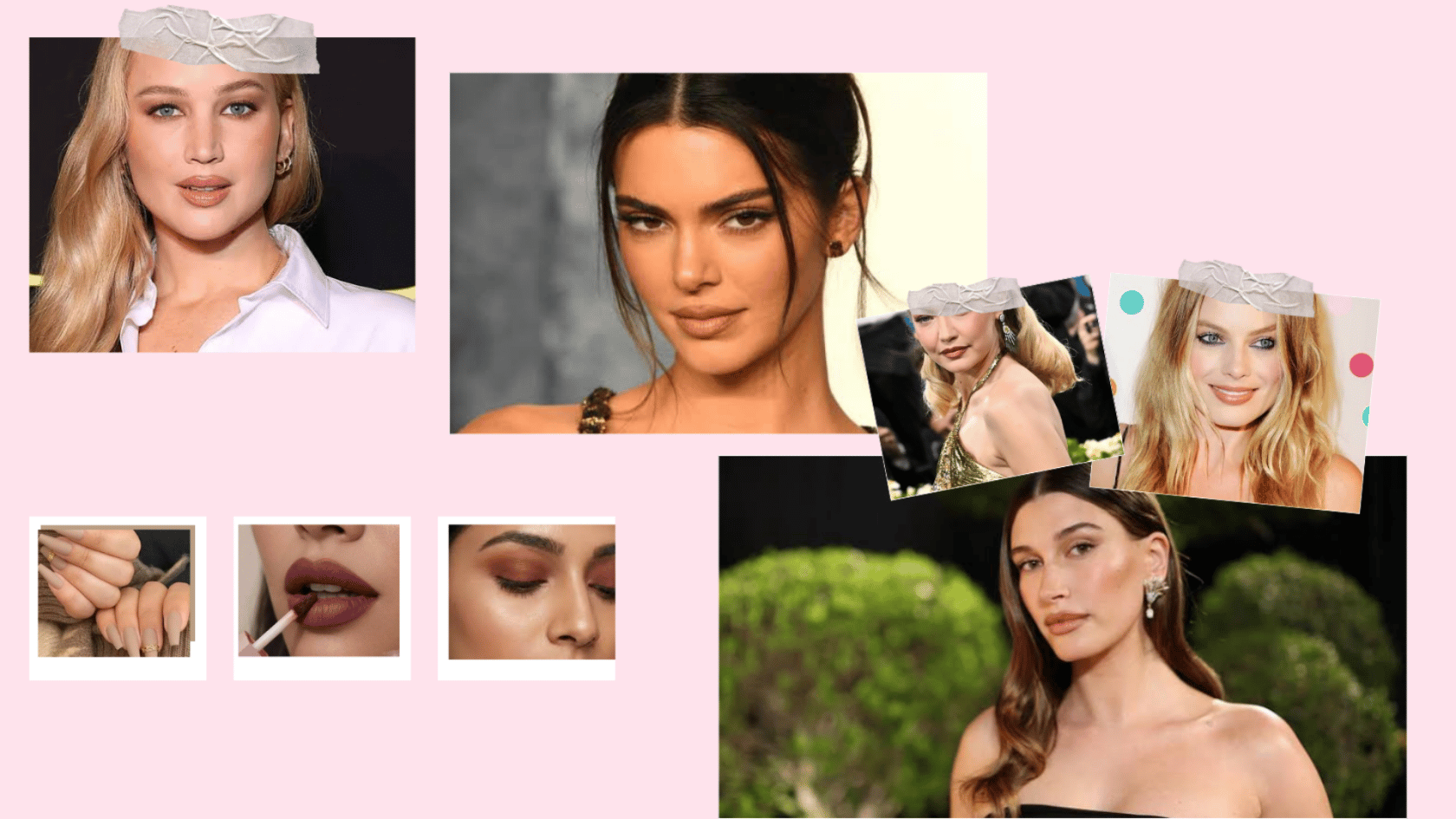 Matte makeup looks featuring Jennifer Lawrence, Kendall Jenner, Gigi Hadid, Margot Robbie and Hailey Bieber.
