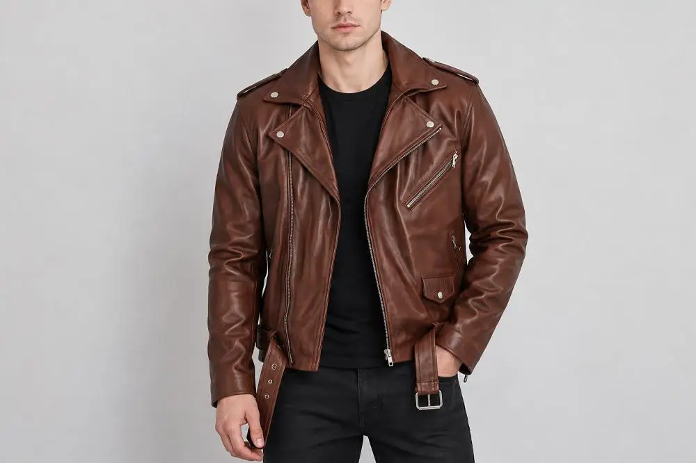Man wearing a brown leather jacket and black clothing in front of a gray background