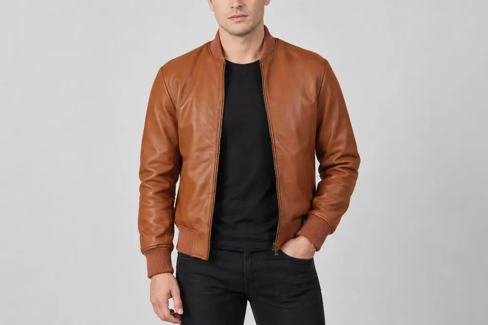 Man wearing brown leather jacket and black shirt against a gray background