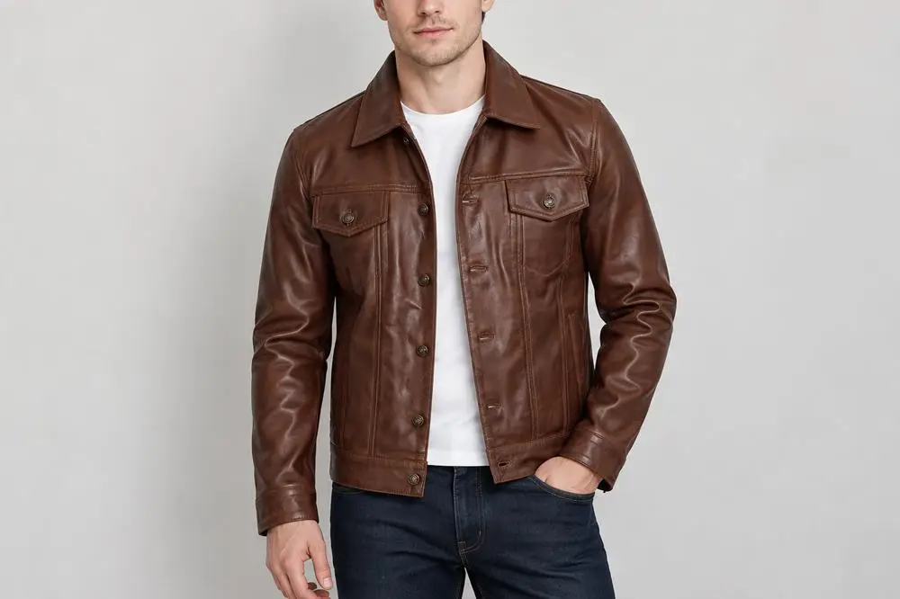 Man wearing a brown leather jacket and white shirt against plain background