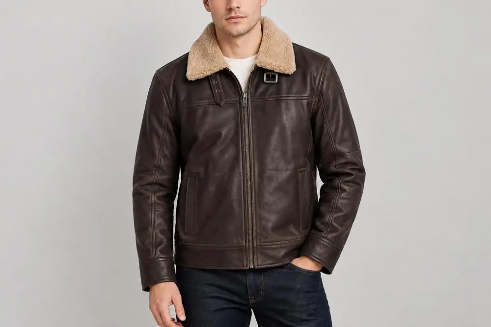 Brown leather jacket with shearling collar worn by person against light gray background