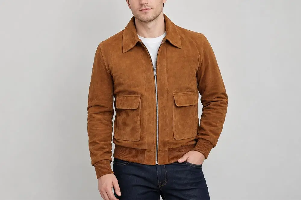 Brown suede jacket with zipper and pockets worn by man against plain background
