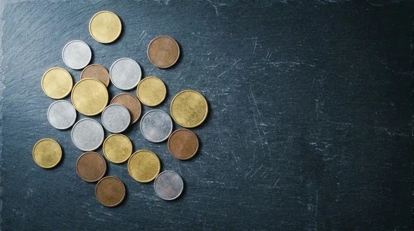 Various coins scattered on dark slate background in a top-down view