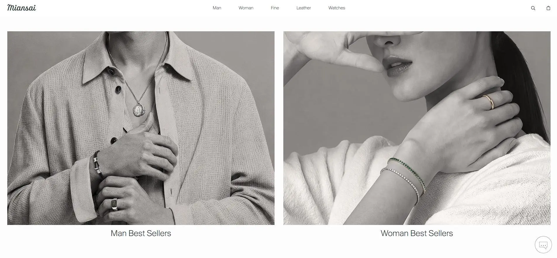 Man wearing bracelet and pendant necklace, woman with bracelets and rings in neutral-toned setting
