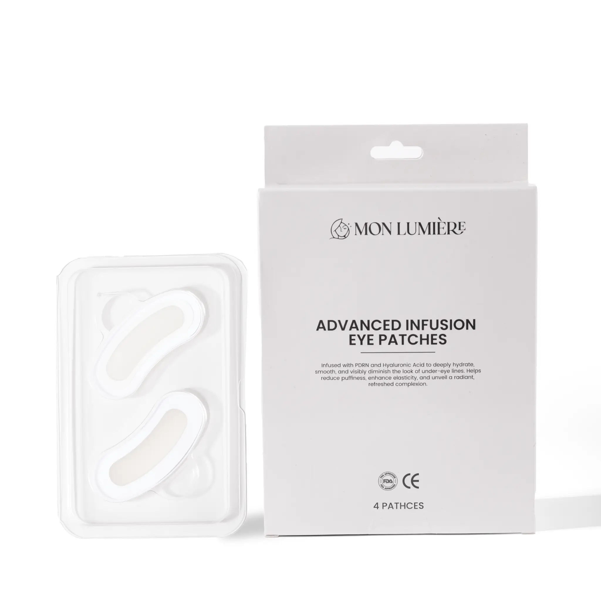 Box of advanced infusion eye patches with open packaging on white background
