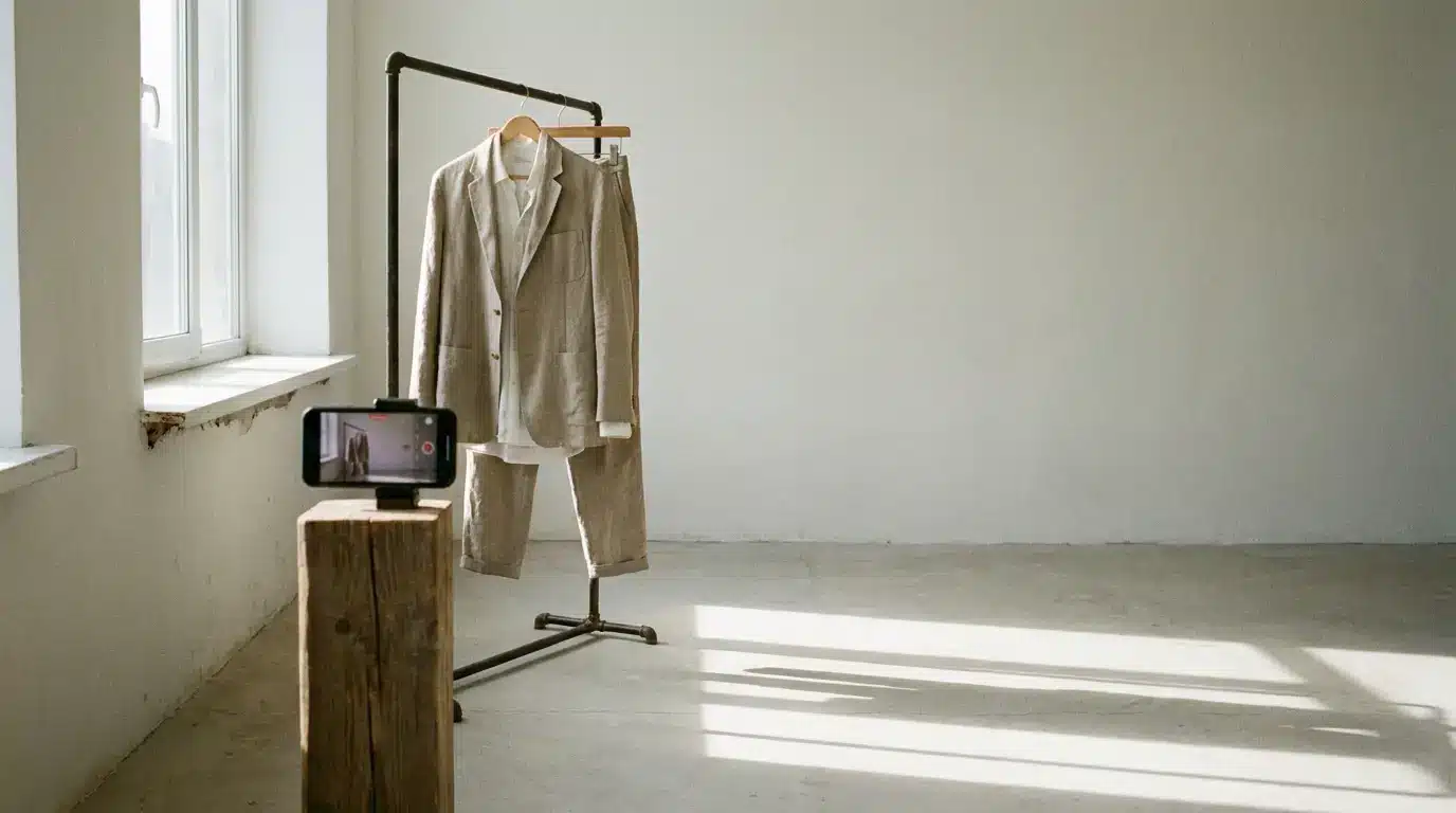 Suit on wooden hanger in sunlit room with smartphone on wooden stand