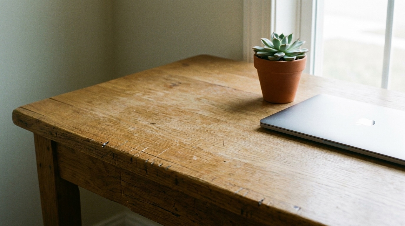 Laptop and potted succulent on wooden table by sunlit window