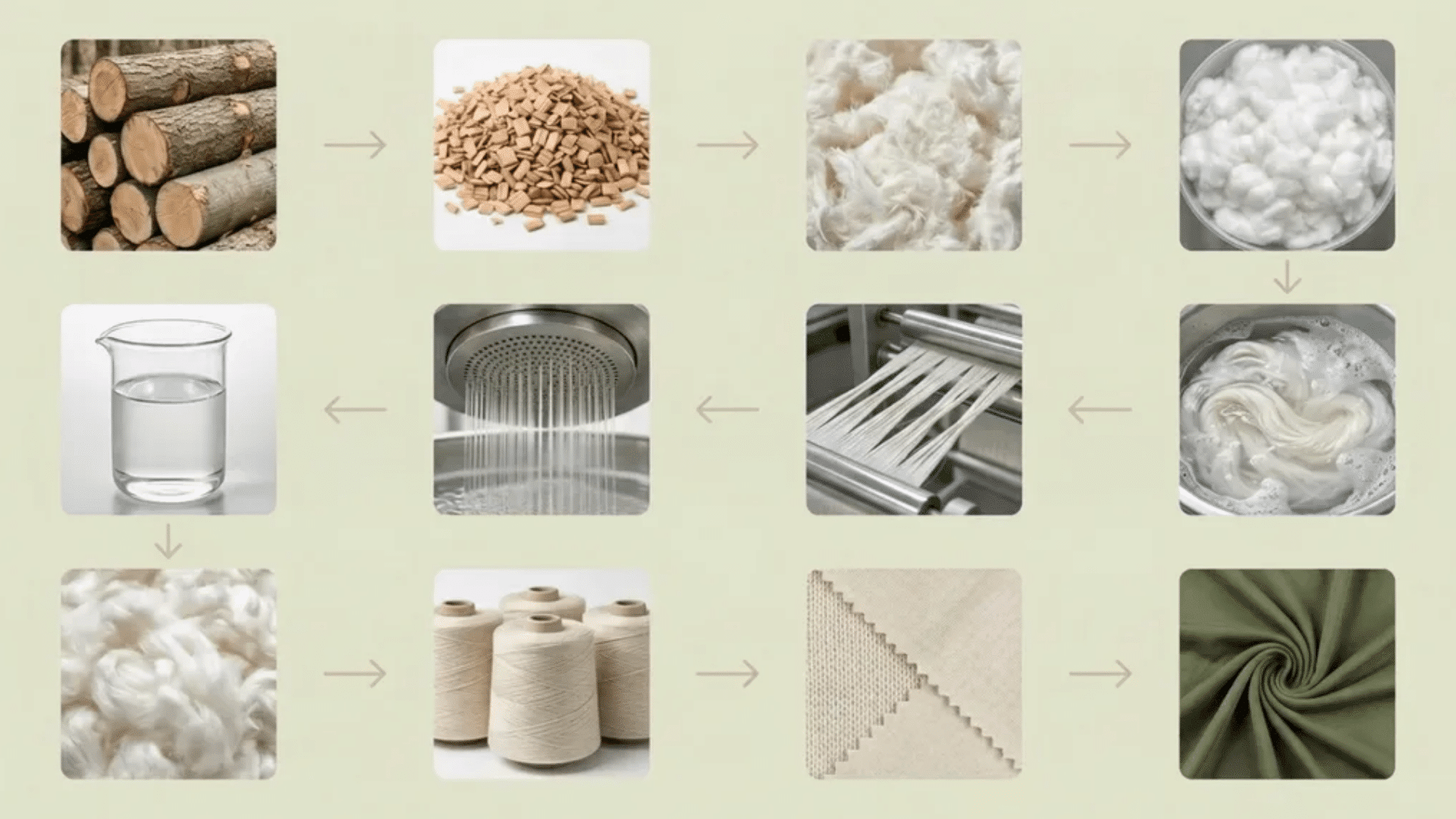 Modal fabric production process showing beechwood, cellulose pulp, fiber formation, spinning, weaving, dyeing, and finished fabric.