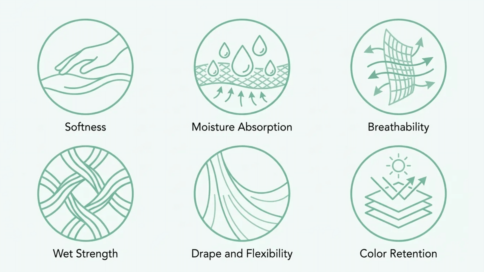 Modal fabric properties infographic showing softness, moisture absorption, breathability, wet strength, drape, and color retention