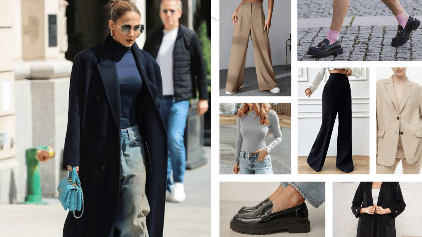 Modern creative workplace look featuring Jennifer Lopez in a styled blazer, turtleneck, jeans, and loafers