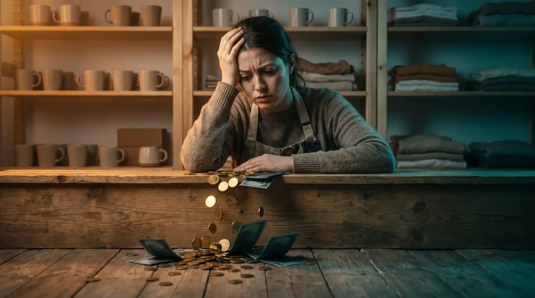Worried person with coins and cash on wooden counter in cozy store setting