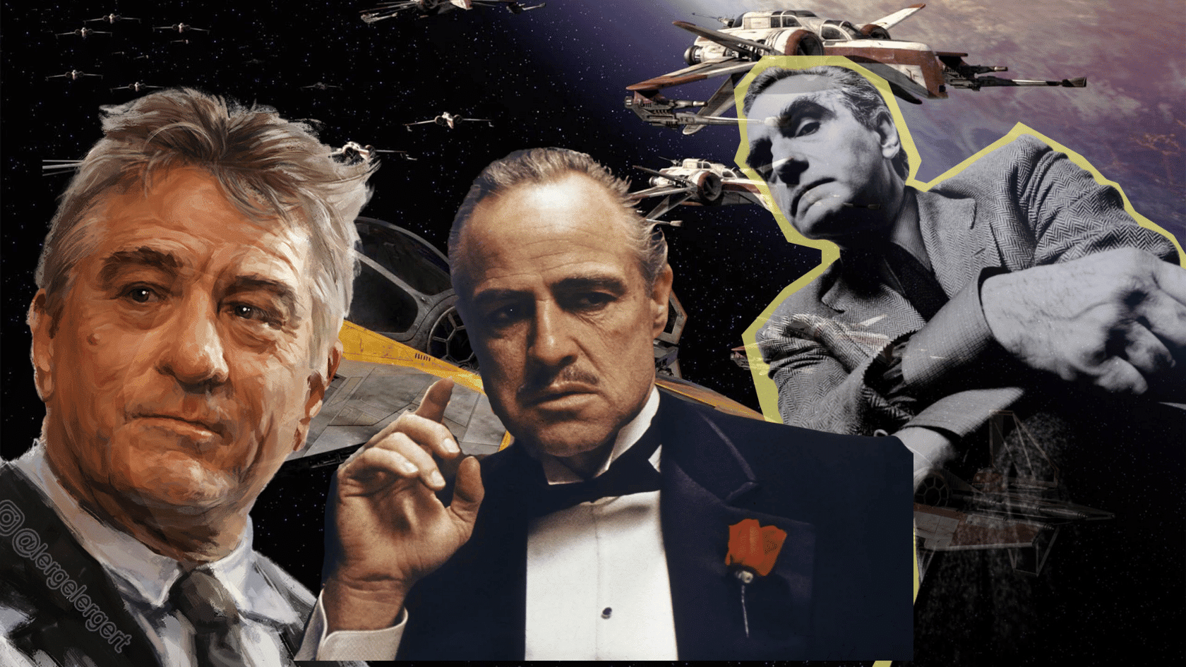 Classic actors in a cinematic collage with Star Wars spacecraft and a space-themed background.