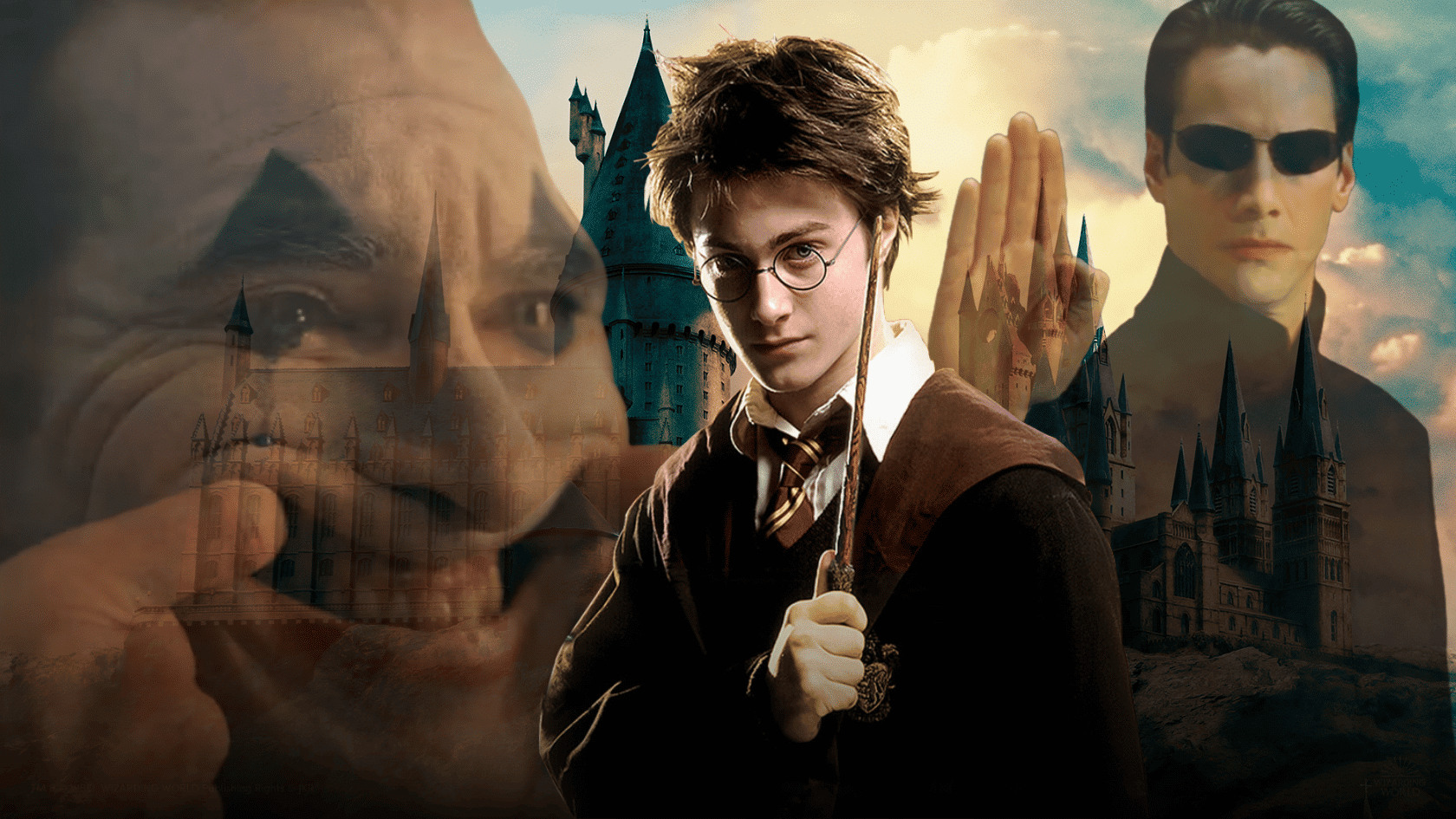 Fantasy film collage with a young wizard, castle backdrop, masked man, and dramatic character portraits.