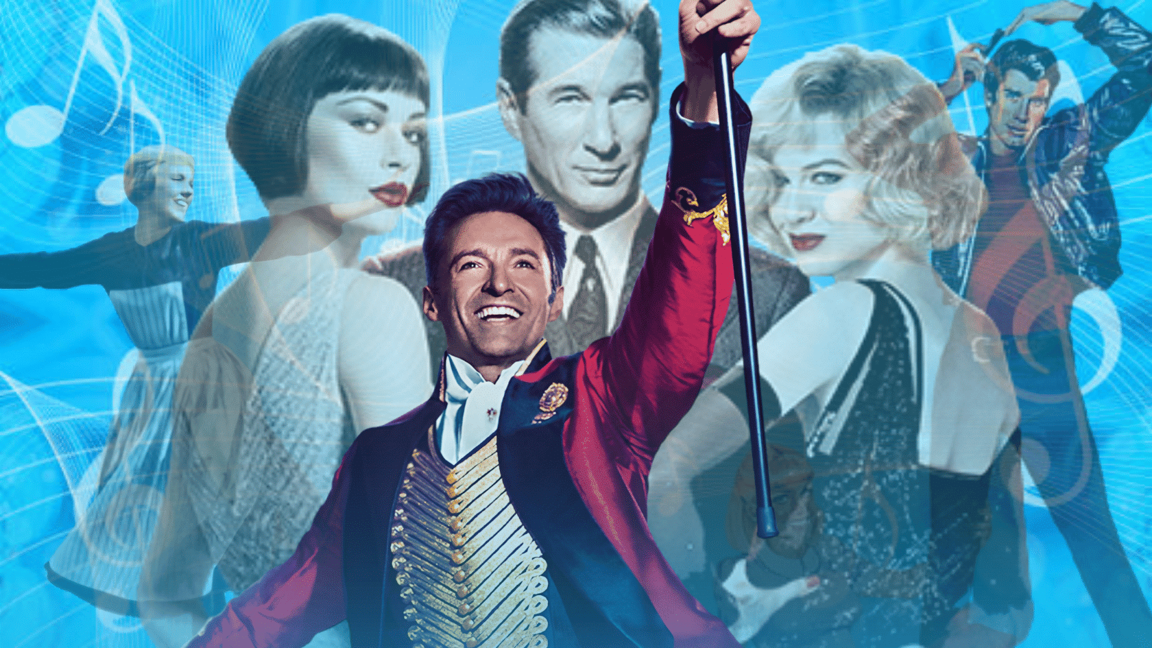 Musical collage featuring a costumed stage performer surrounded by classic Hollywood stars and dancers.